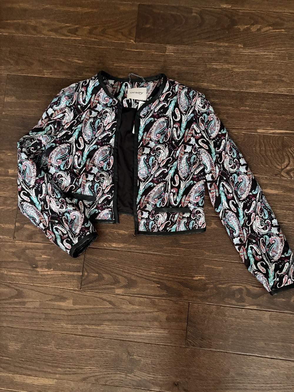 Cynthia Rowley Black Paisley Open-Front Cropped Blazer